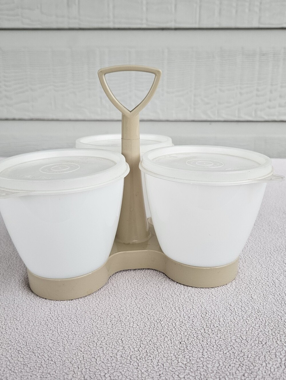 VTG Tupperware Condiment Caddy With Holder 3 Containers Lids Almond Clear - Picture 5 of 10
